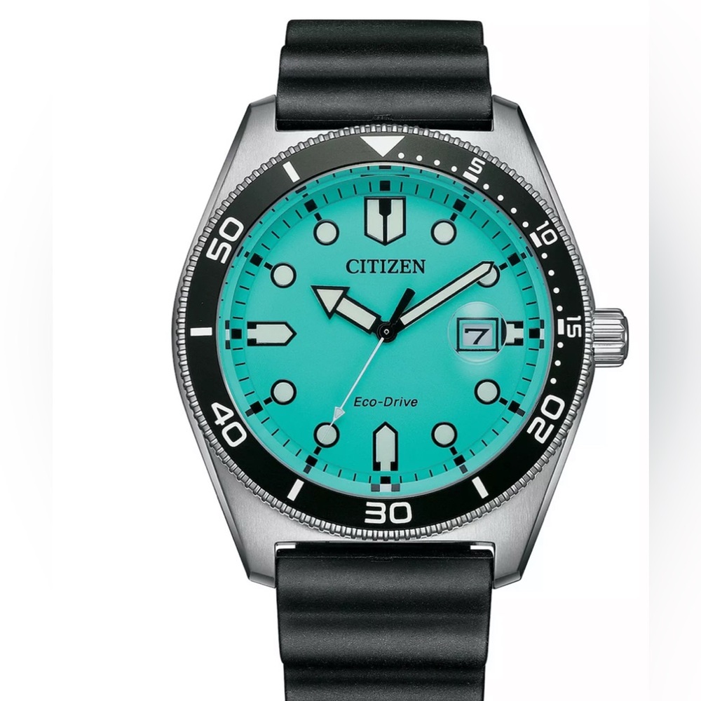 Citizen Men's Eco-Drive Marine Turquoise Dial Black Rubber Strap Watch